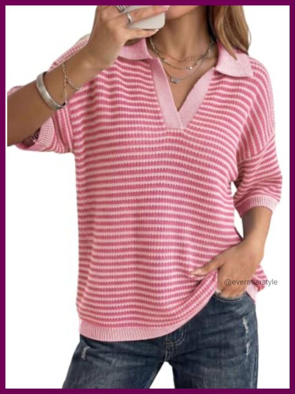Women's Striped Knit V-Neck Pullover Sweater Half Sleeve
